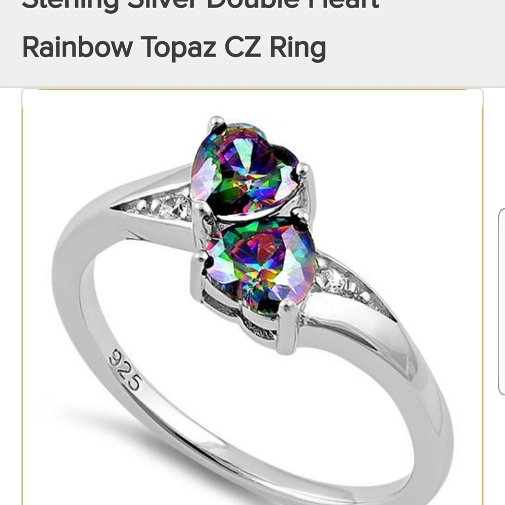 Sterling Silver Double Heart Rainbow Topaz CZ Ring